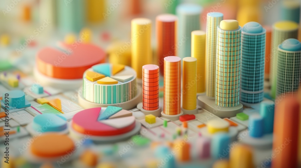 Poster A vibrant 3D representation of data visualizations using charts and graphs.