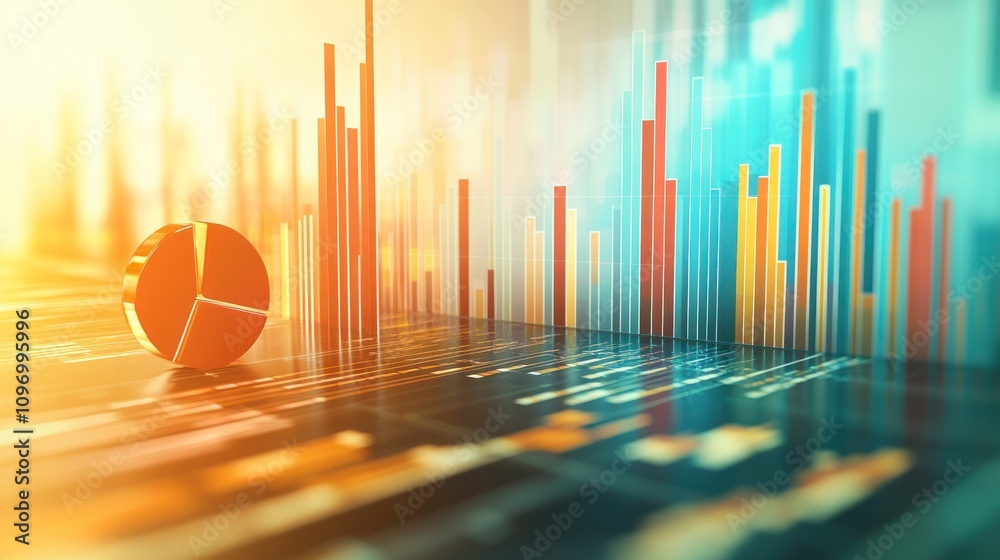 Poster Abstract data visualization with colorful graphs and a 3D pie chart.