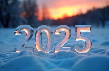 Ice numbers 2025 stand in snow. Winter evening sunset background. New Year holiday concept. Cold frost scene. Christmas card design. Number text made of ice.