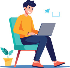 a boy is using his laptop vector