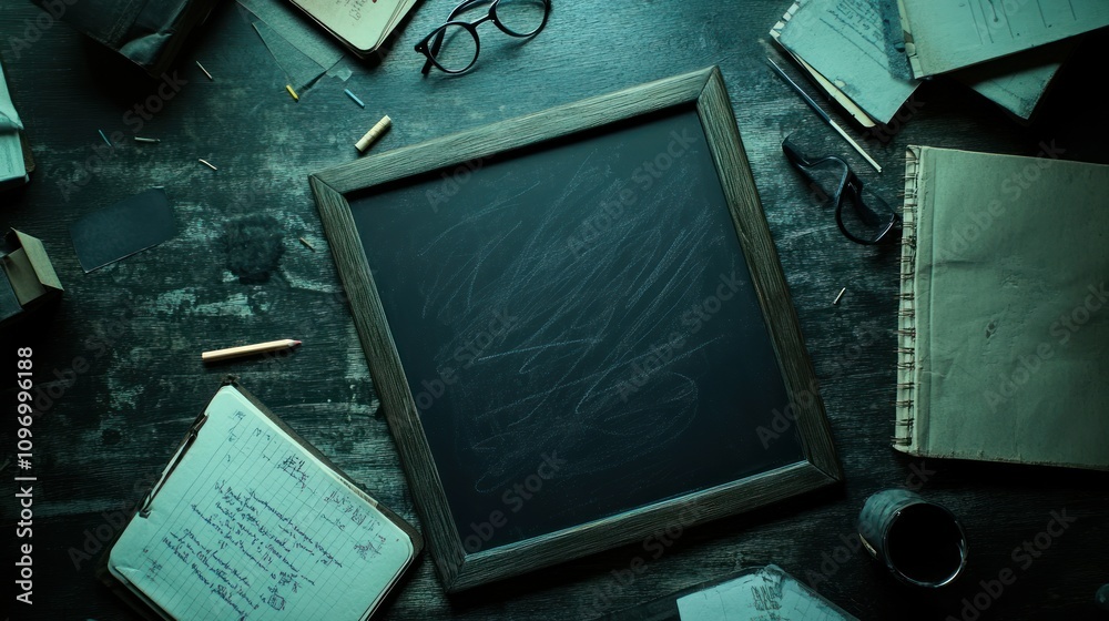Poster A dark workspace with a blank chalkboard surrounded by notes and glasses.