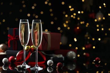 Delicious champagne in glasses and Christmas decor on black mirror surface against blurred lights. Space for text