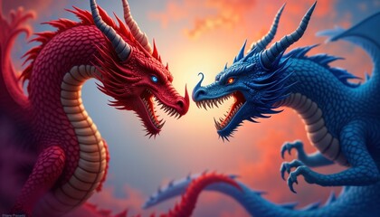 Red blue dragons face off fierce battle. Majestic creatures clash mythical confrontation. Powerful rivals compete strength economy. Oriental pattern background. Wallpaper fantasy art.