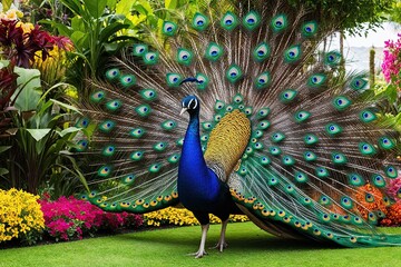 Whimsical Peacock Showcasing Vibrant Shades in a Colorful Garden Paradise