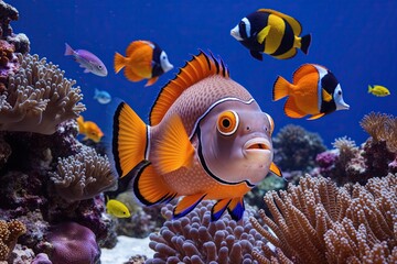 Fototapeta premium Pufferfish Surrounded by Vibrant Sea Creatures in a Luminous Coral Reef