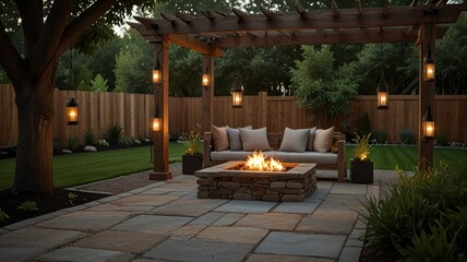 Fototapeta premium Serene backyard patio with fire pit, pergola, and lanterns at dusk.