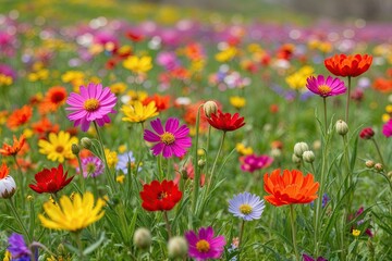 Obraz premium Cheerful Wildflowers Blooming in a Vibrant Springtime Meadow
