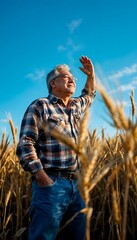 farmer in wheat field farm watching the sun.