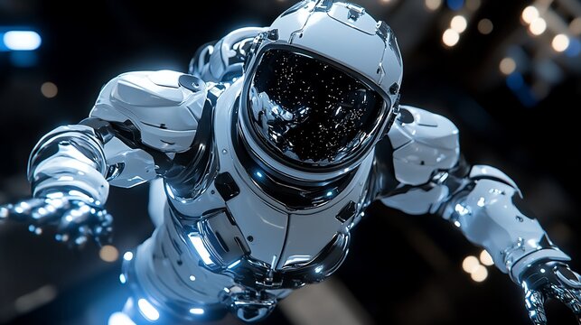 Astronaut in futuristic spacesuit floats in space.