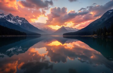 Sunrise paints alpine lake. Mountains reflect in calm water. Colorful cloudscape. Peaceful nature scene. Perfect travel image. Ideal for calendars posters websites. Explore wilderness beauty.