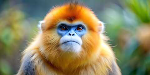 Obraz premium a close up face of Golden Snub-nosed monkey. Generative AI.
