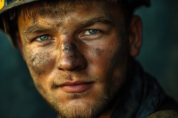 Fototapeta premium Portrait of a dirt-smeared worker with intense gaze
