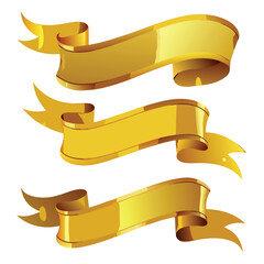 Gold glossy ribbon vector banners set. Ribbon label gold glossy, ribbon curled tag, waving ribbon gold glossy illustration