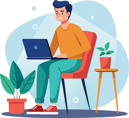 a boy is using his laptop vector