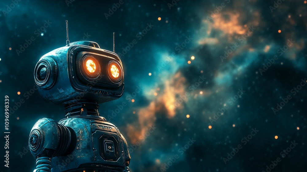 Poster Retro robot gazing at a starry nebula.