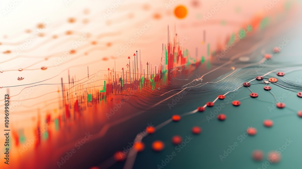 Poster Abstract data visualization with vibrant colors and fluctuating lines representing trends.