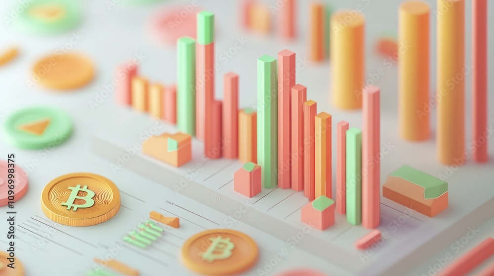 Poster Colorful 3D graphs and Bitcoin symbols representing financial data analysis.