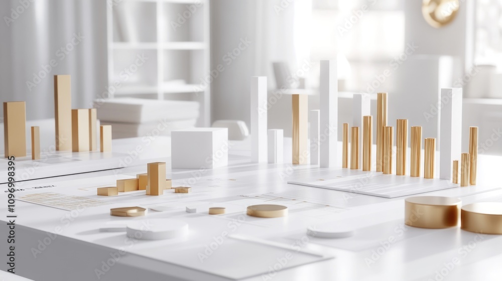 Poster A modern display of 3D bar graphs and charts in a bright, minimalist setting.
