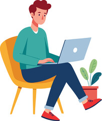 a boy is using his laptop vector