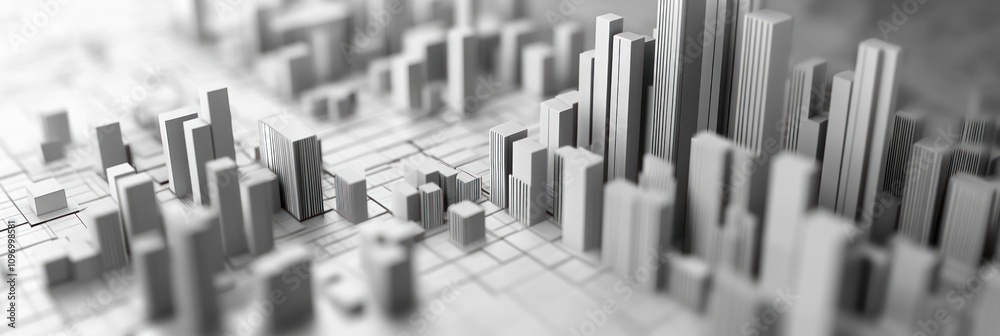 Aufkleber a monochromatic cityscape model with abstract buildings and structures.