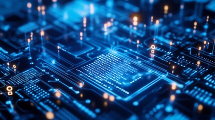 Abstract digital circuit board glowing with blue light, showing data streams and connections.