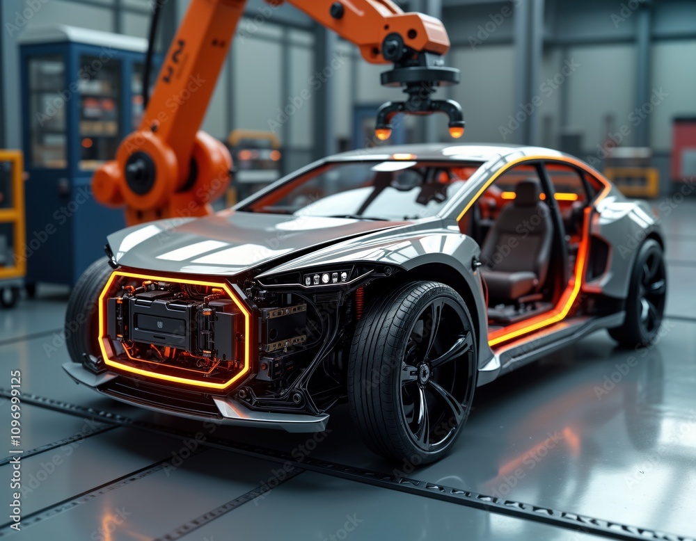 Fototapete Robotic arm assembles electric vehicle chassis. Battery integration precise. Industrial factory setting. Advanced tech. Modern car production. Energy efficient eco vehicle. Virtual prototype model.