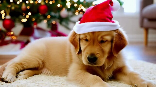 An adorable gold retriever dog wearing a Santa hat lies under a Christmas tree in a festive, animated living room, full of holiday spirit.