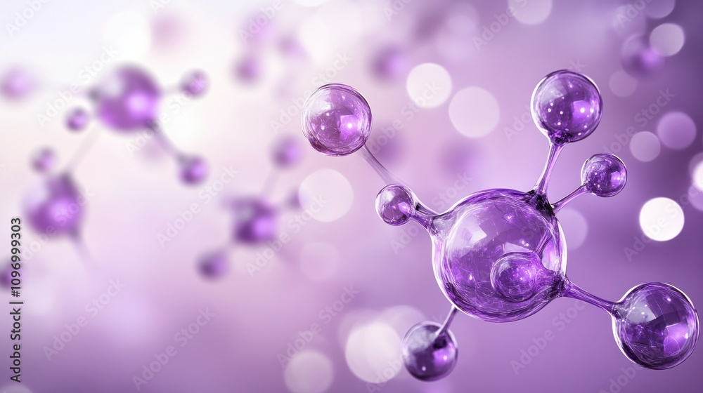 Poster abstract representation of molecules in purple hues, symbolizing science and innovation.