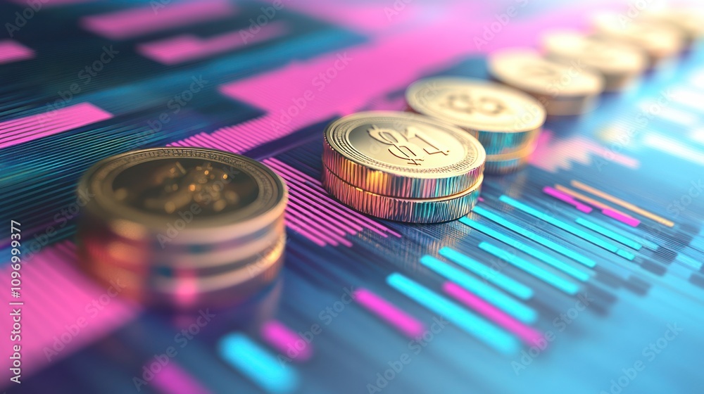 Poster A close-up of coins on a colorful digital background representing finance and technology.