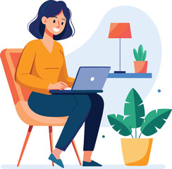 a girl is using his laptop vector