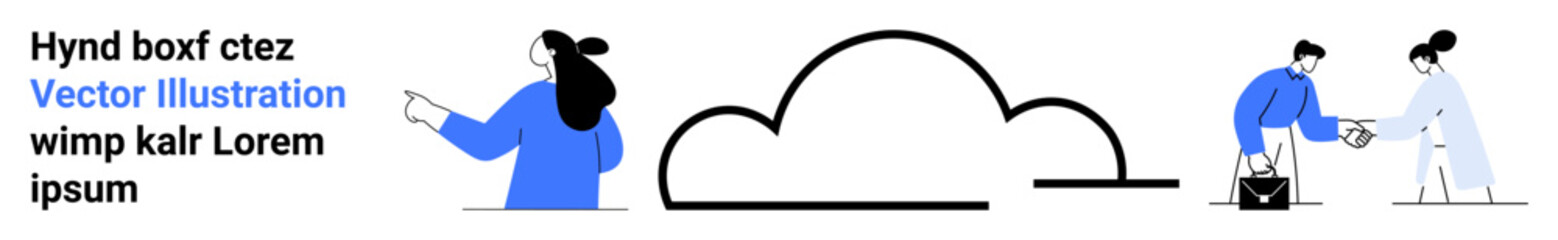 Cartoon characters collaborating beside cloud symbol. Text elements and modern flat style. Ideal for business, technology, teamwork, cloud services, networking, online services, collaboration. Banner