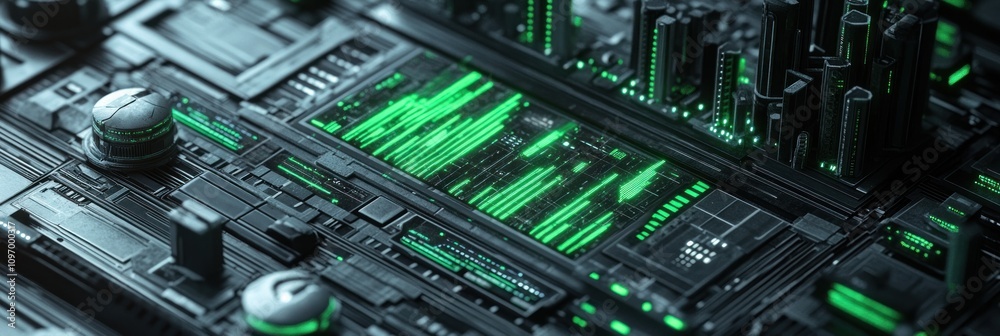 Fototapete a close-up view of a futuristic circuit board with green digital displays and components.
