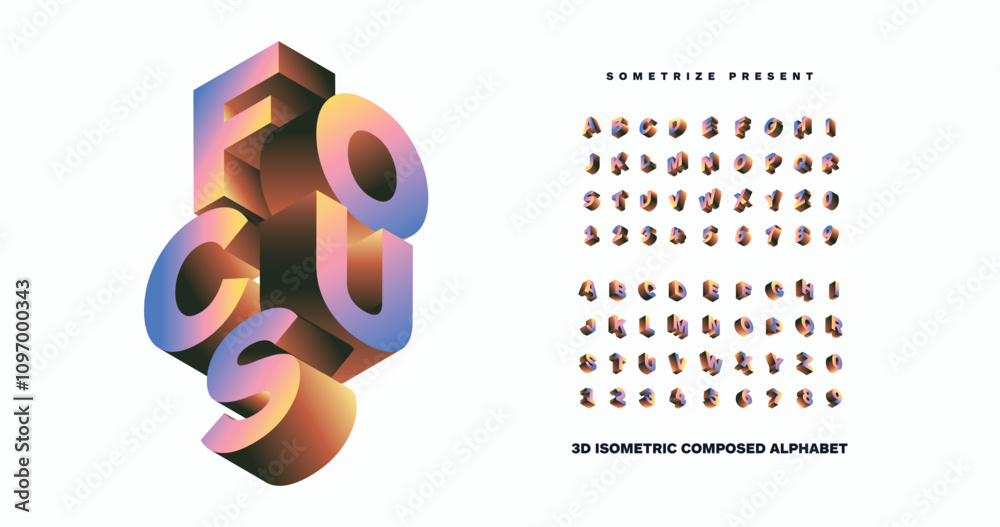 Fototapete focus: isometric display font with a vibrant, multicolored design. a perfect blend of minimalism and