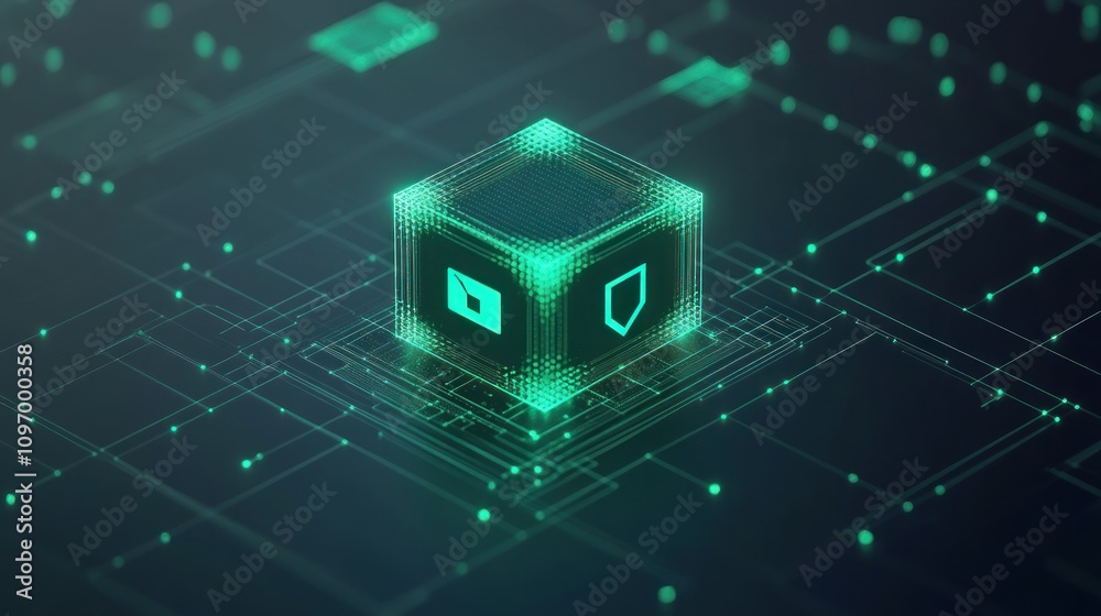 Aufkleber A digital representation of cybersecurity concepts with icons in a futuristic design.