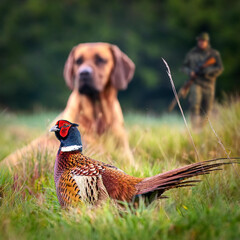 Fototapeta premium oiseau, faisan, gibier, chasse, chasseur, camouflage, animal, nature, sauvage, faune, gazon, poulet, jeu, empennage, rouge, chien à l'arrêt, chien de chasse, empennage, bec, chasse, volaille, ferme, b