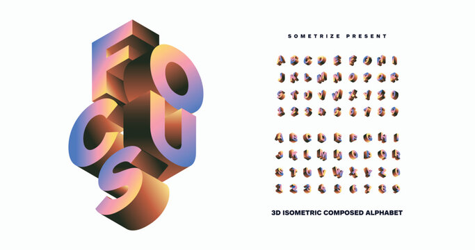 Focus: Isometric display font with a vibrant, multicolored design. A perfect blend of minimalism and boldness for modern branding projects.