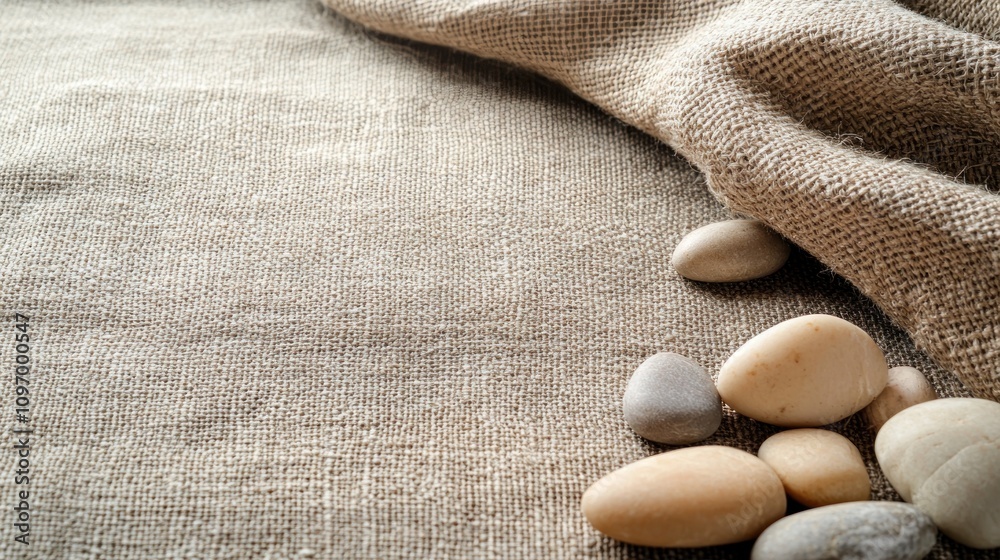 Poster a textured burlap fabric with smooth pebbles scattered on top.