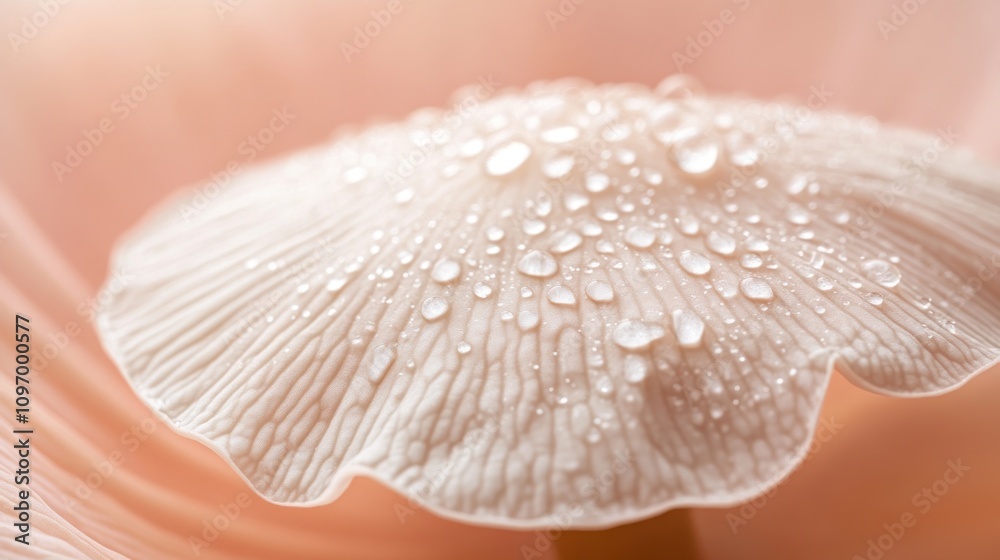Poster a close-up of a delicate mushroom cap adorned with water droplets.