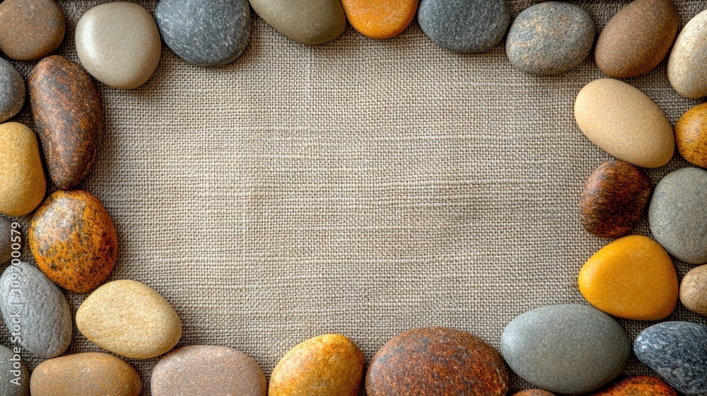 Poster a frame of smooth stones surrounding a textured fabric background, ideal for creative projects.