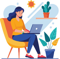 a girl is using his laptop vector