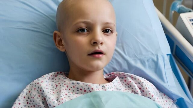 Young sick boy without hair lying in hospital bed. Ill bald kid in medical clinic.