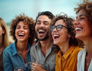 Happy friends laugh together. Group of joyful people celebrate. Casual gathering. Young adults enjoy party. Smiling faces show happiness. Festive event. Great social media image.