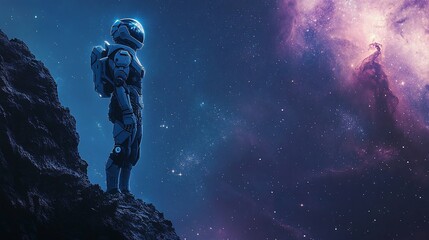 Fototapeta premium Astronaut on alien planet gazing at nebula.