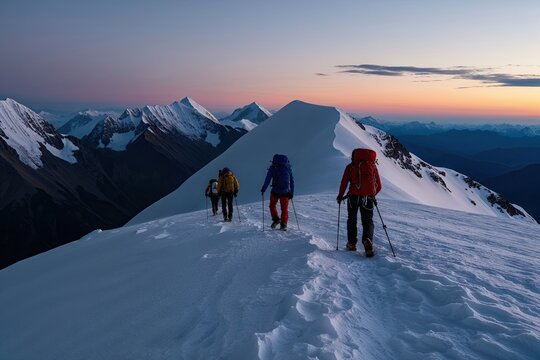 Intimate Angle of Mountaineers Trekking a Snowy Summit at Dusk