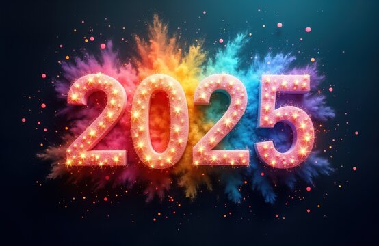 2025 New Year colorful explosion. Rainbow numbers shine. Festive design. Bright vibrant colors. Holiday celebration. Futuristic art. Happy New Year. Digital graphic art. Modern event concept