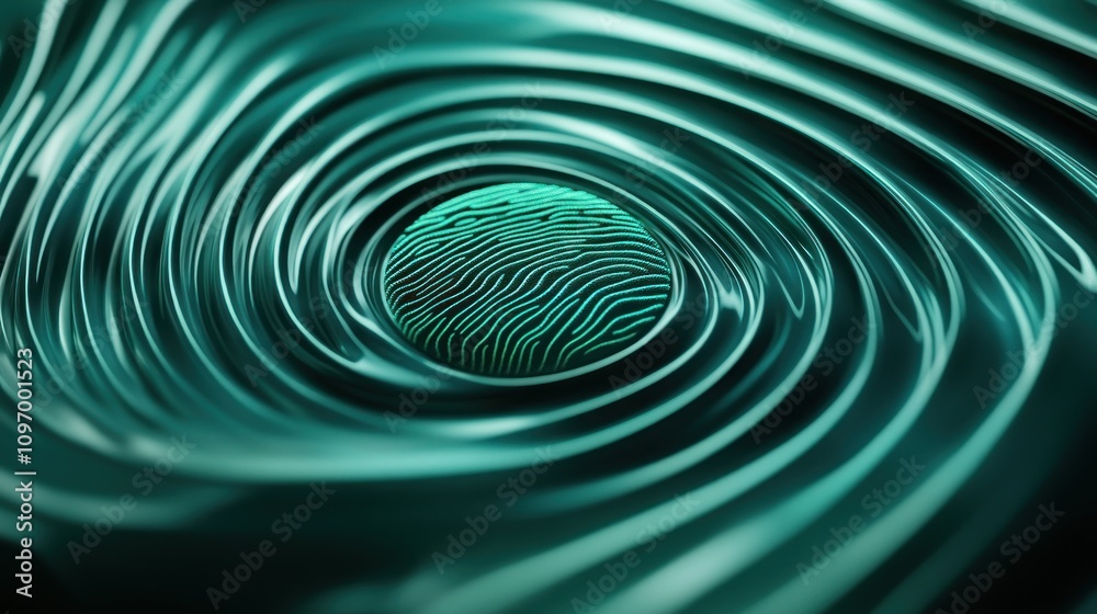 Poster Abstract representation of fluid dynamics with swirling patterns and a central orb.