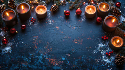 Christmas Ornaments with Candles and Pine Cones for room decoration and copy space 