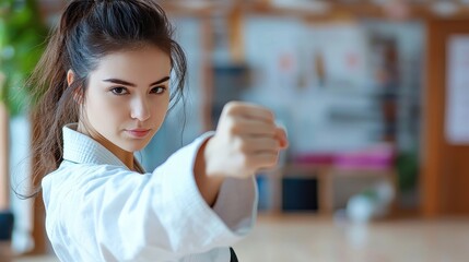 Determined Young Woman Practicing Karate with Focused Expression