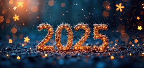 Glowing 2025 digits on ground. Festive New Year background. Bright bokeh lights. Holiday celebration. Perfect for greeting cards. Business success concept. Future growth. Trendy design. Abstract art.