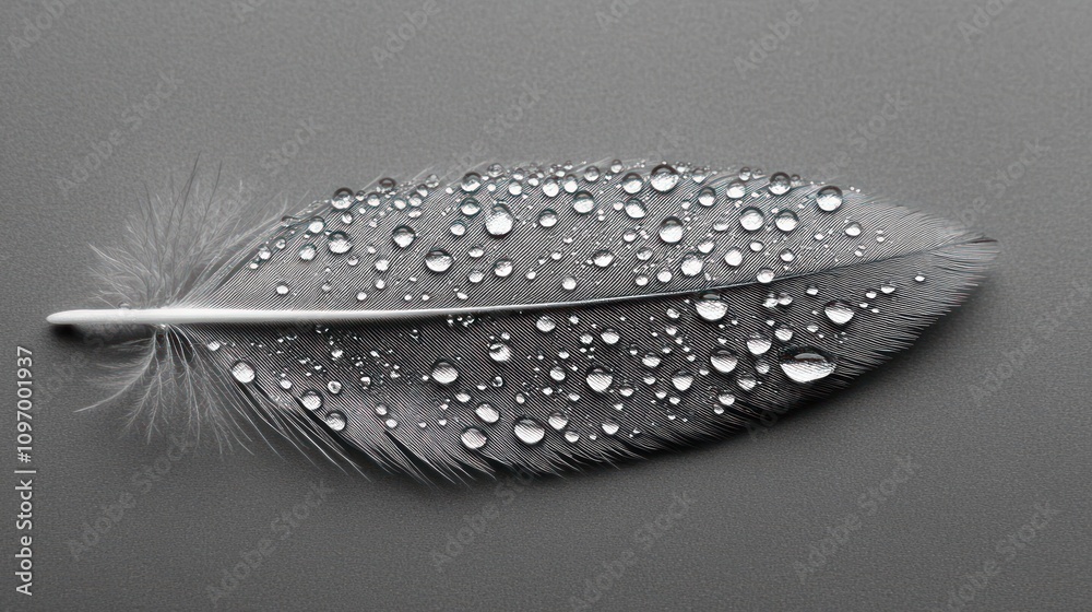 Poster a delicate feather adorned with water droplets on a smooth surface.